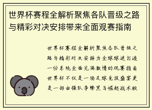 世界杯赛程全解析聚焦各队晋级之路与精彩对决安排带来全面观赛指南